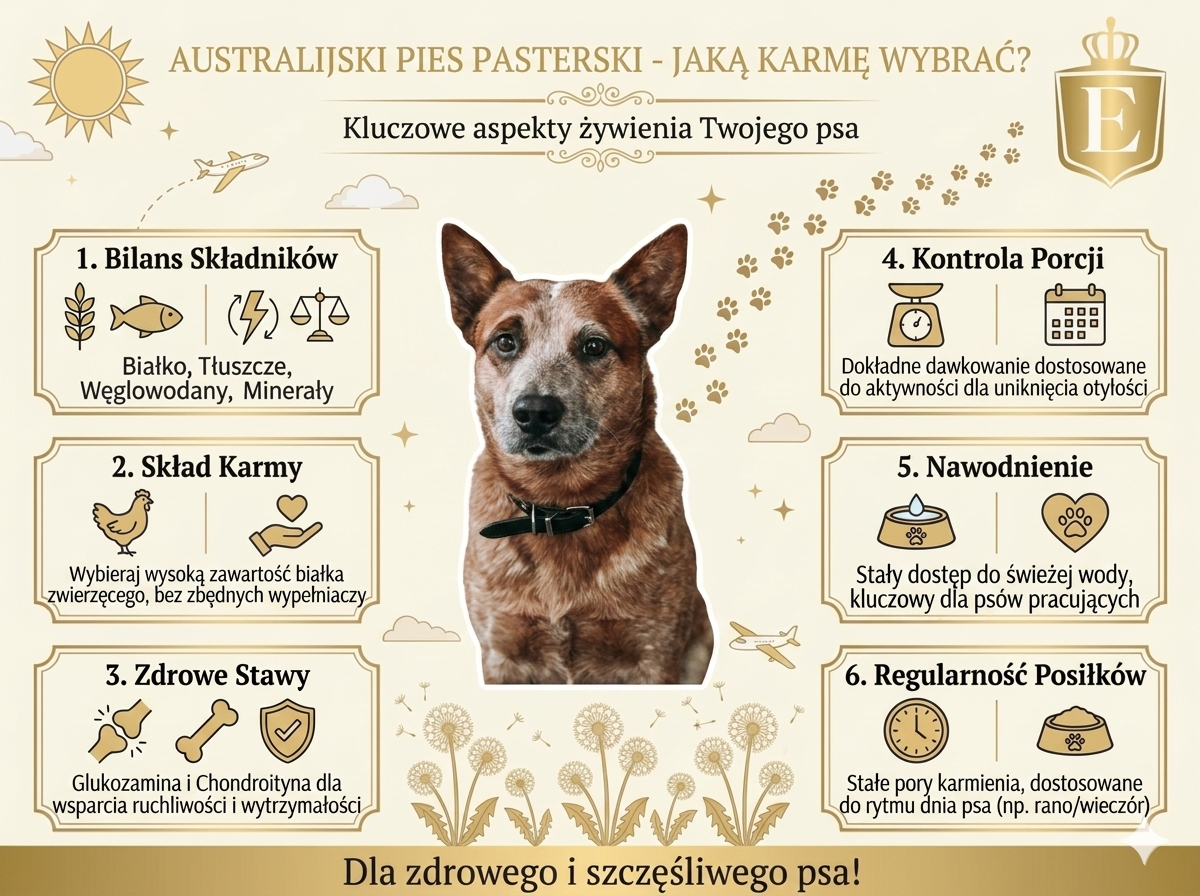 Australijski pies pasterski – jaką karmę wybrać? Infografika przedstawiająca najważniejsze zasady żywienia Australian Cattle Dog (ACD), w tym odpowiedni bilans białka, tłuszczów i minerałów, wybór karmy bogatej w mięso, wsparcie zdrowia stawów, kontrolę porcji, nawodnienie oraz regularne pory karmienia aktywnego psa pasterskiego.